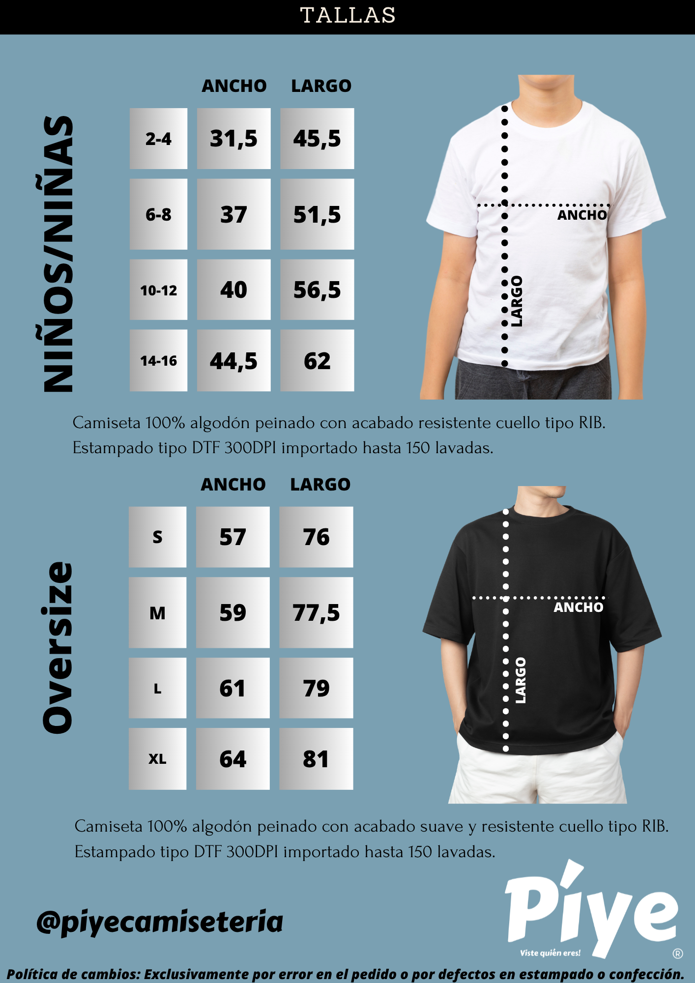 Tallas Niños y Oversize